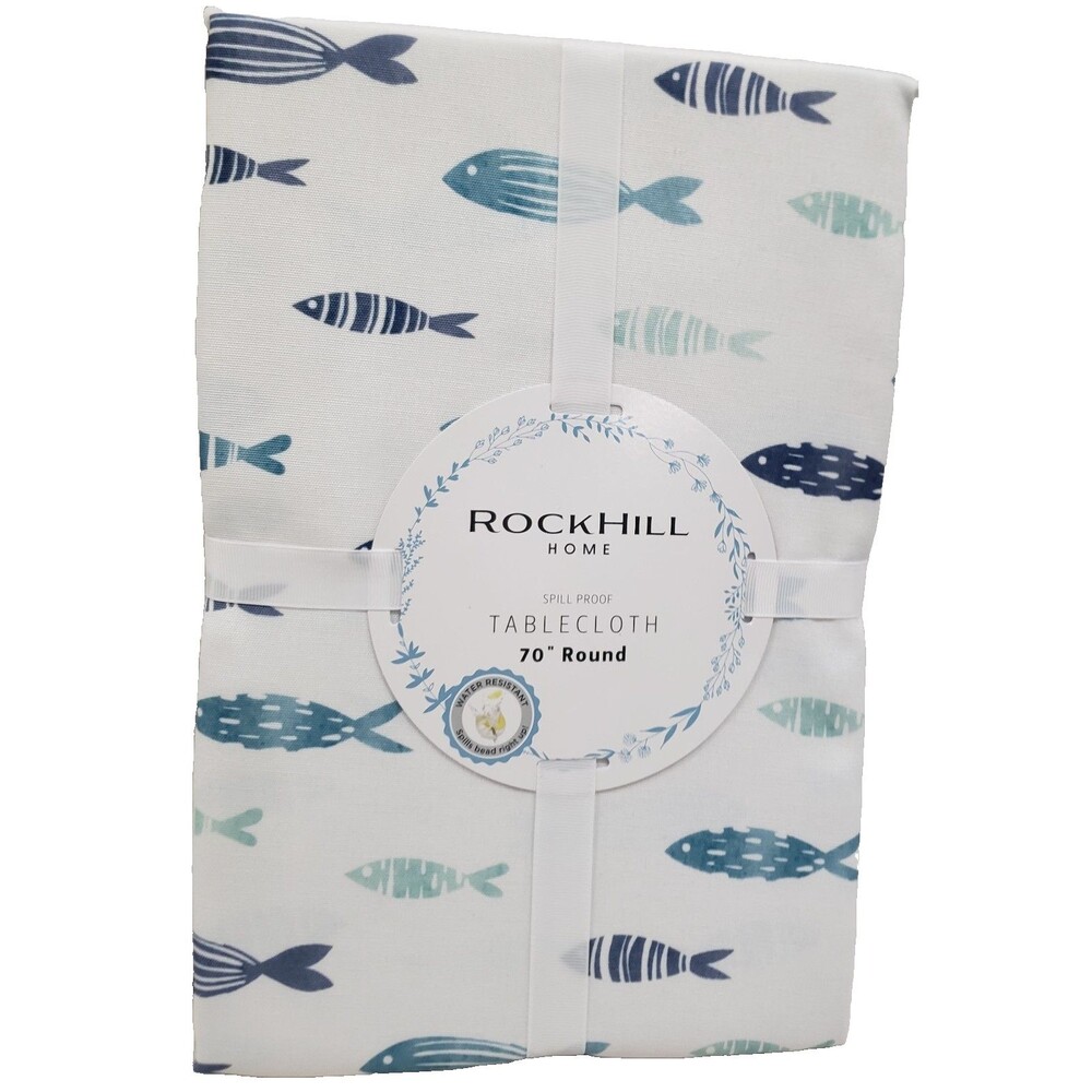 Printed Fabric Spillproof Tablecloth, 70" Round (4-6 people) SEALIFE, FISH, RH